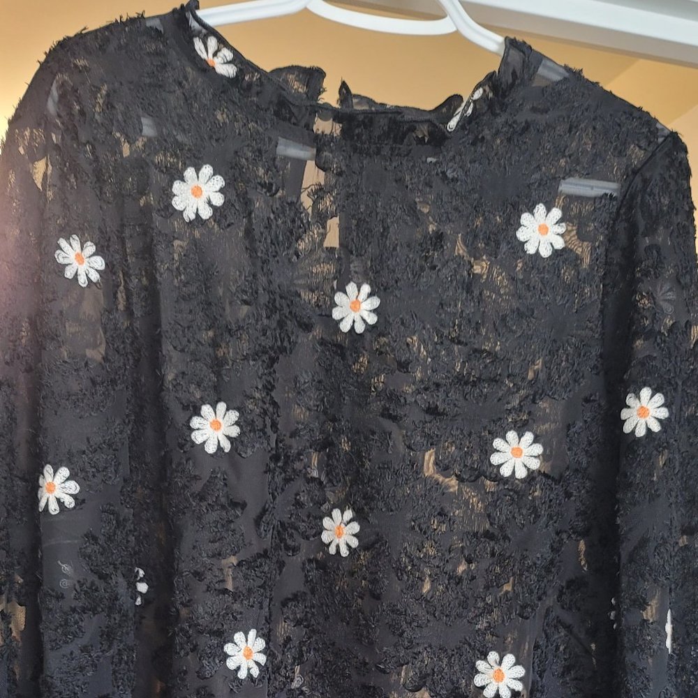 Black embroidered flower blouse